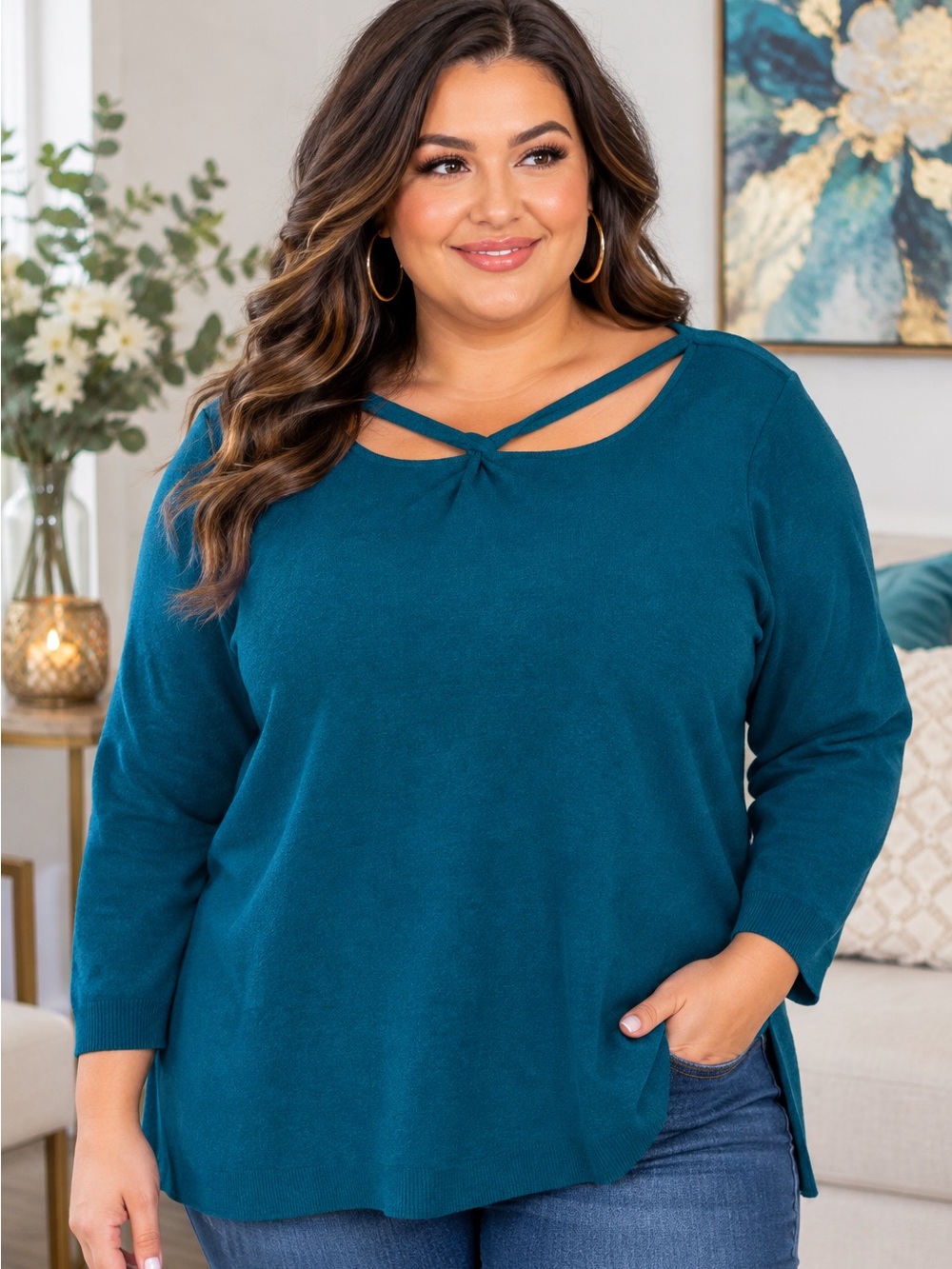 Lane Bryant Teal Crisscross Neck Sweater Size 18/20